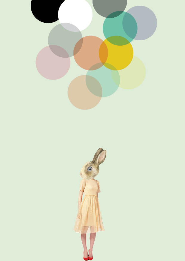 Poster konijnmeisje ballonnen groen SALE